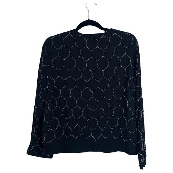 CHICOS Beaded Bomber Jacket Black Zipper Hexagon Rhinestones Size 1 Women's 8 - Picture 3 of 8